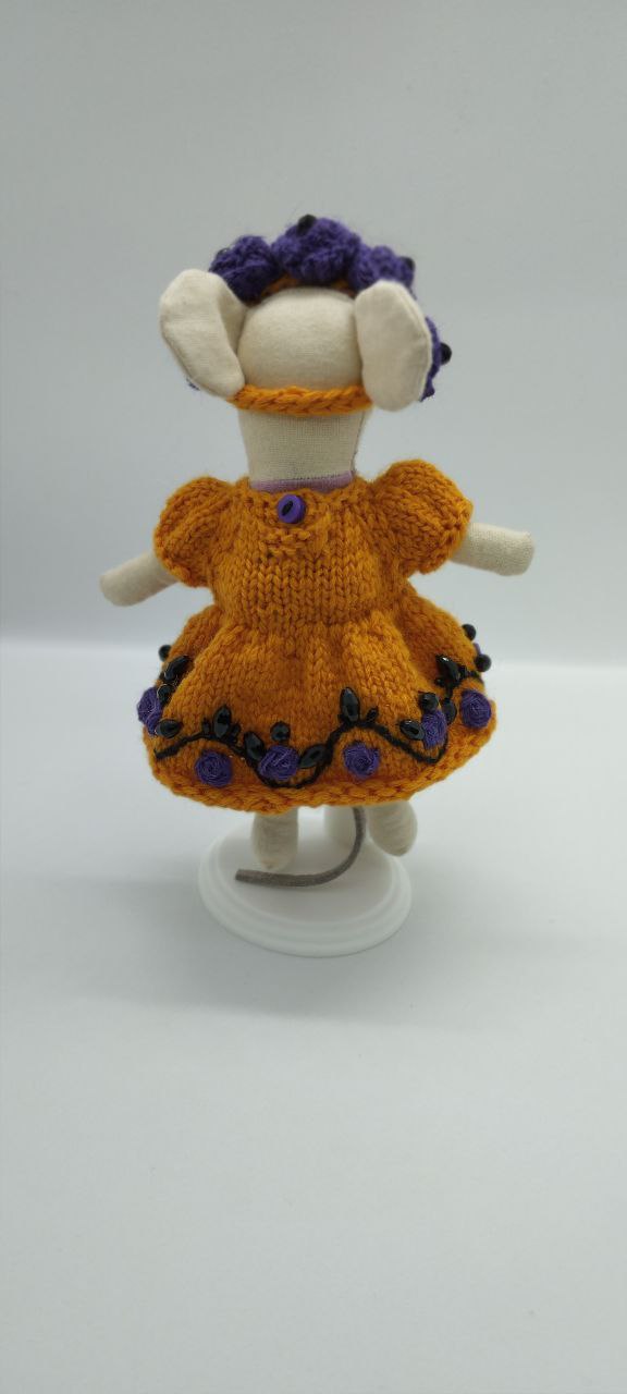 Maileg mouse clothes outfit knitted embroidered of flower Autumn Magic Orange Dress with Flower violet