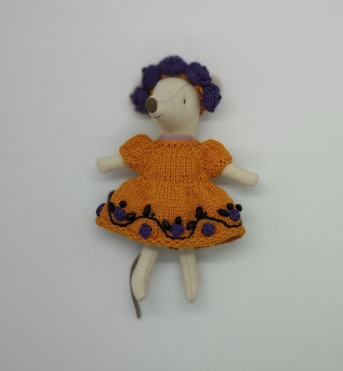 Maileg mouse clothes outfit knitted embroidered of flower Autumn Magic Orange Dress with Flower violet