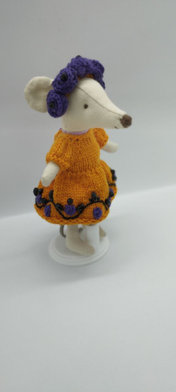 Maileg mouse clothes outfit knitted embroidered of flower Autumn Magic Orange Dress with Flower violet