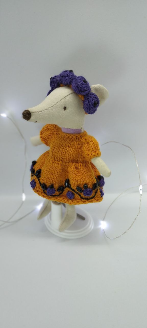 Maileg mouse clothes outfit knitted embroidered of flower Autumn Magic Orange Dress with Flower violet