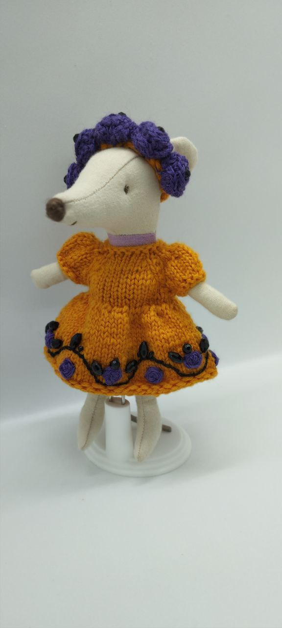 Maileg mouse clothes outfit knitted embroidered of flower Autumn Magic Orange Dress with Flower violet