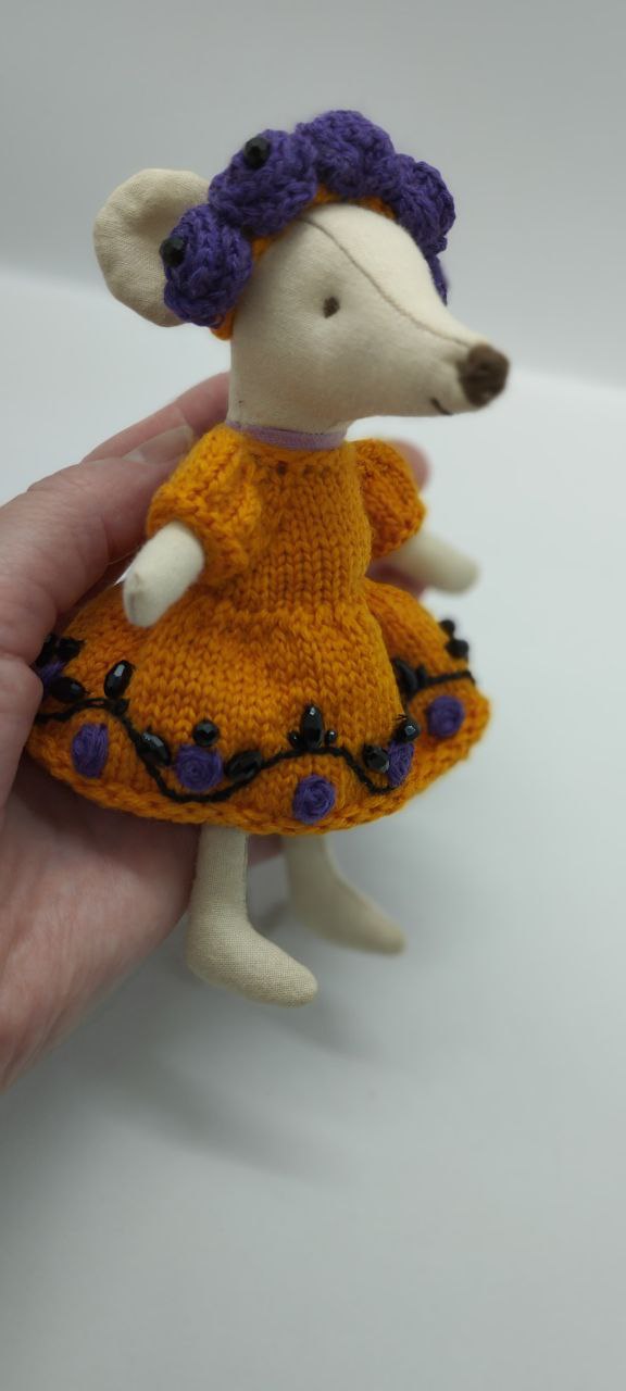 Maileg mouse clothes outfit knitted embroidered of flower Autumn Magic Orange Dress with Flower violet