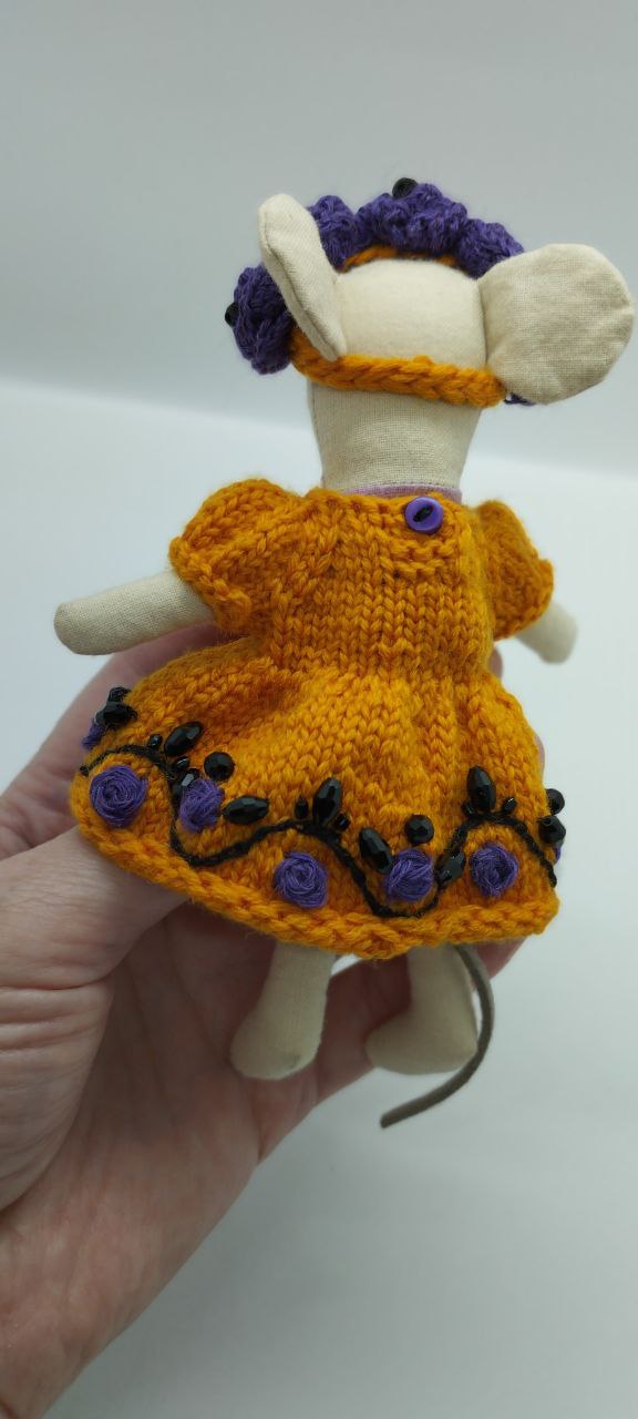 Maileg mouse clothes outfit knitted embroidered of flower Autumn Magic Orange Dress with Flower violet
