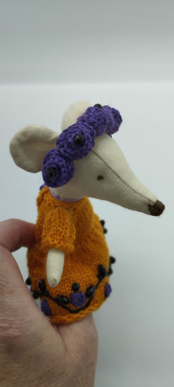 Maileg mouse clothes outfit knitted embroidered of flower Autumn Magic Orange Dress with Flower violet