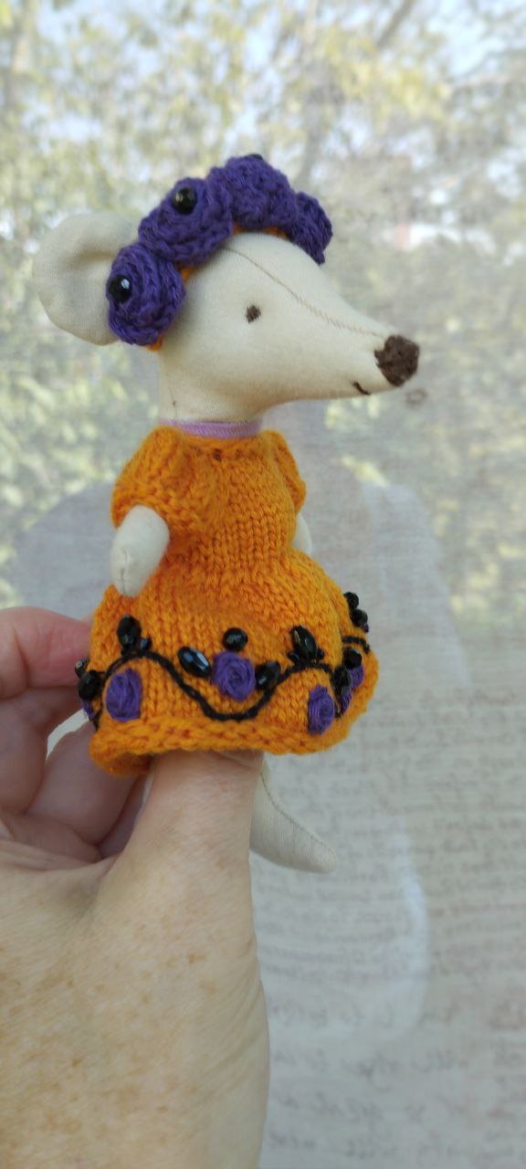 Maileg mouse clothes outfit knitted embroidered of flower Autumn Magic Orange Dress with Flower violet