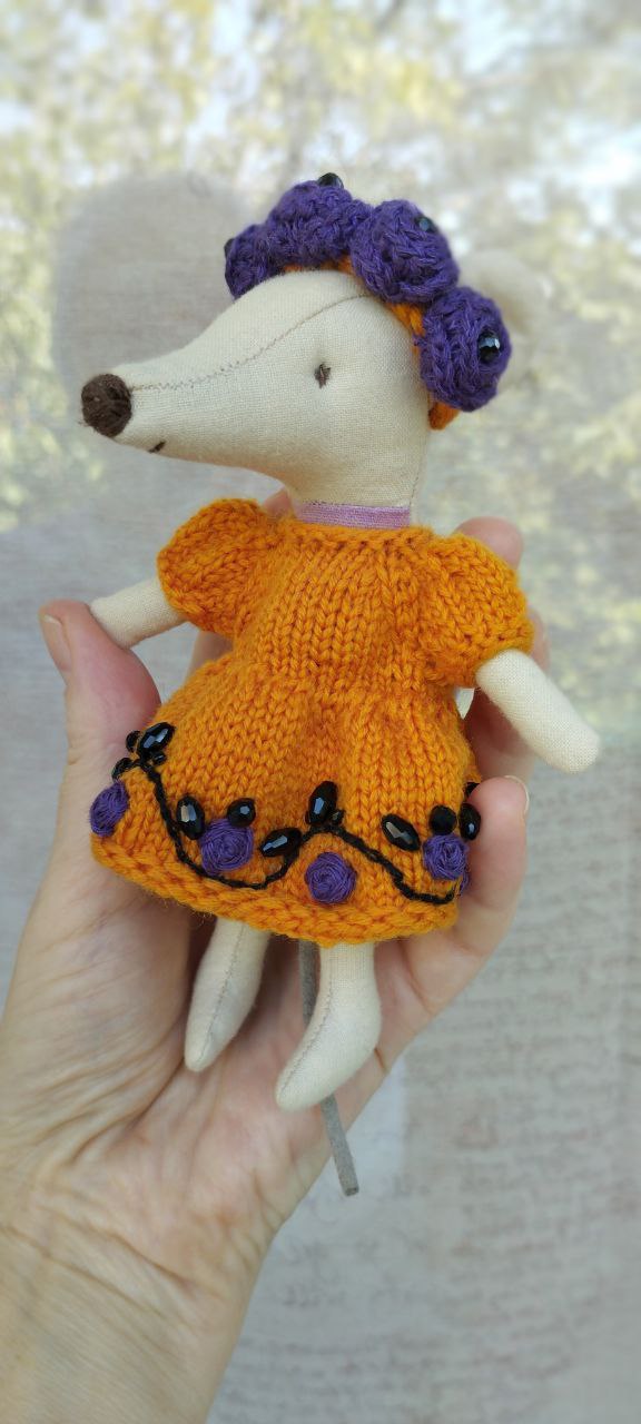 Maileg mouse clothes outfit knitted embroidered of flower Autumn Magic Orange Dress with Flower violet
