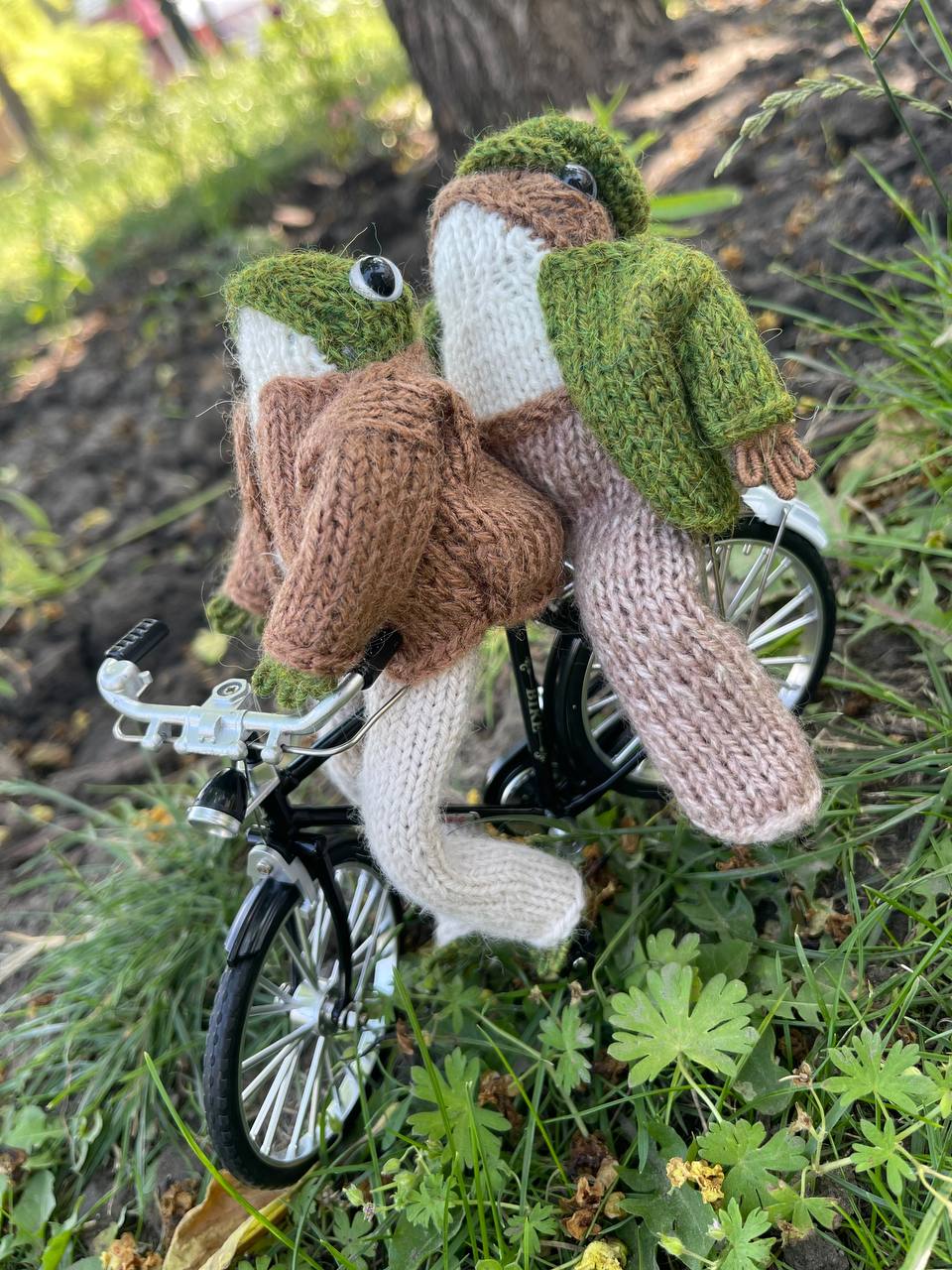 Knitted frog and toad, posing frog friends as book lovers toddler gift