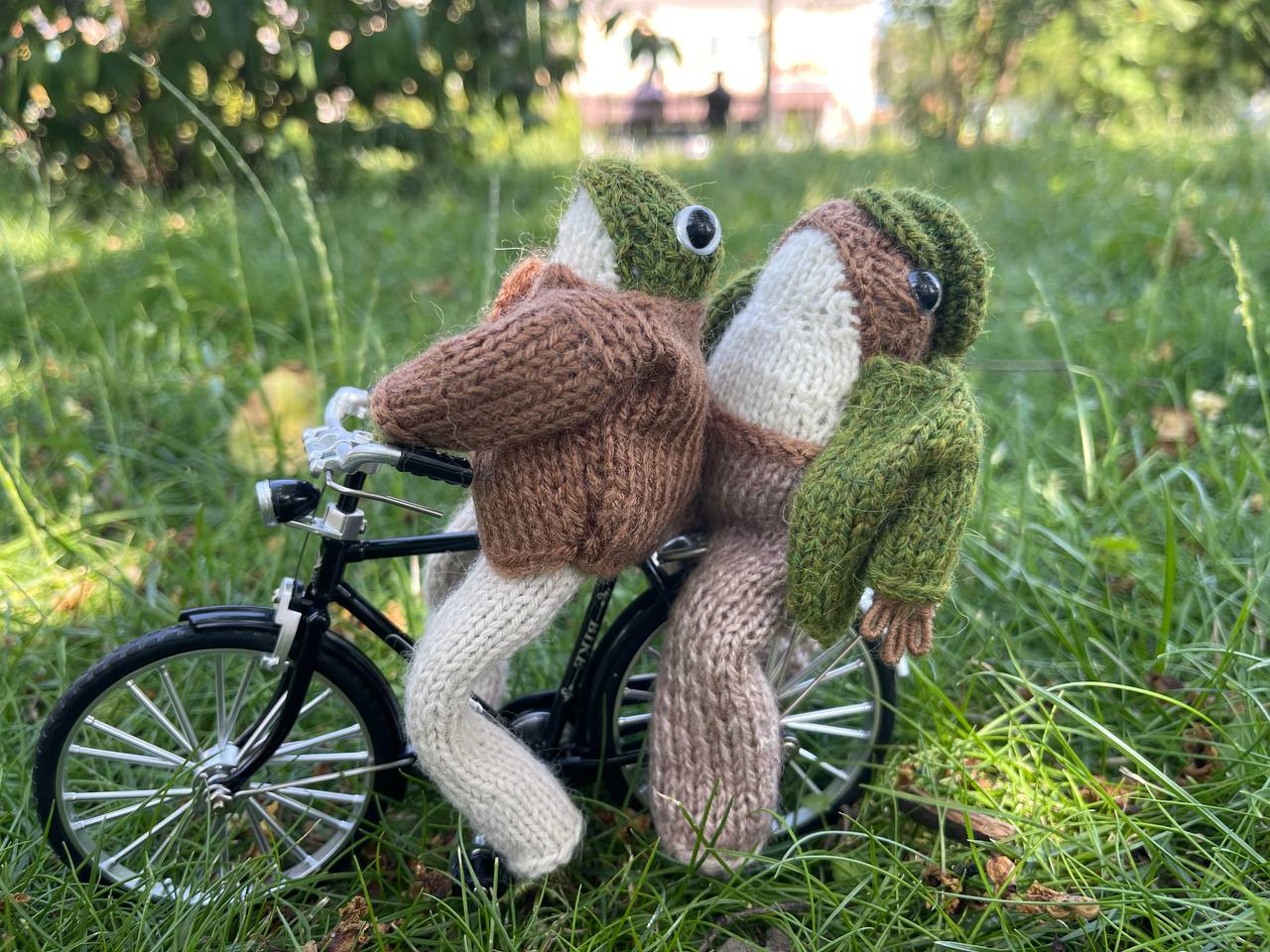 Knitted frog and toad, posing frog friends as book lovers toddler gift