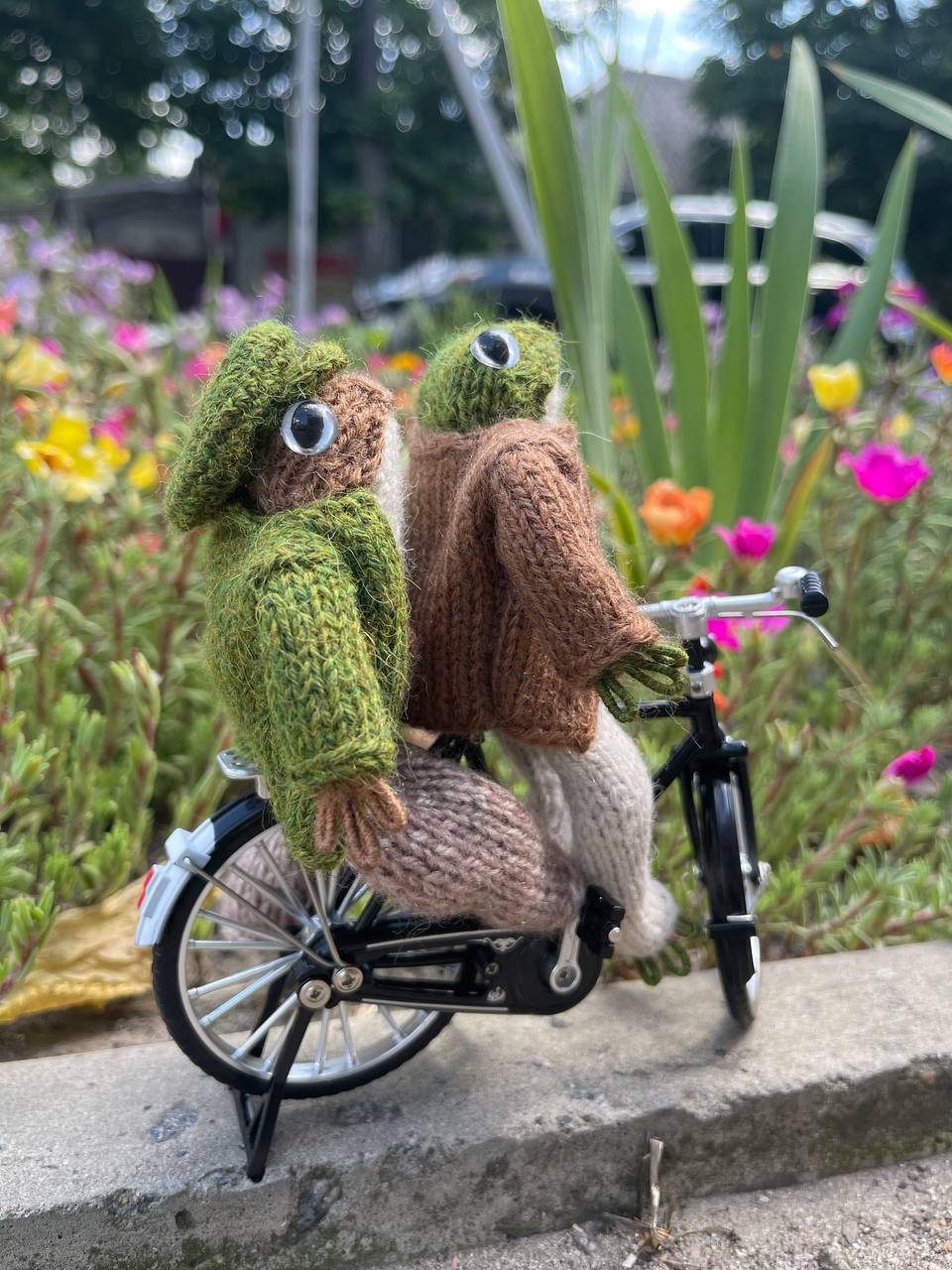 Knitted frog and toad, posing frog friends as book lovers toddler gift