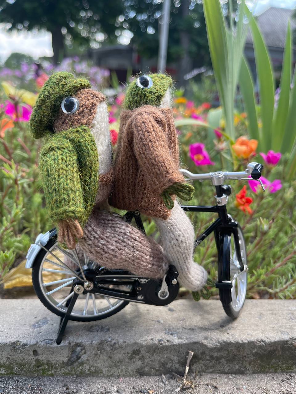 Knitted frog and toad, posing frog friends as book lovers toddler gift