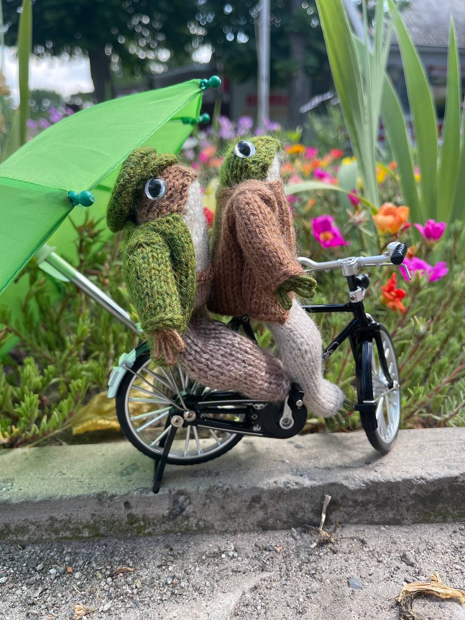 Knitted frog and toad, posing frog friends as book lovers toddler gift