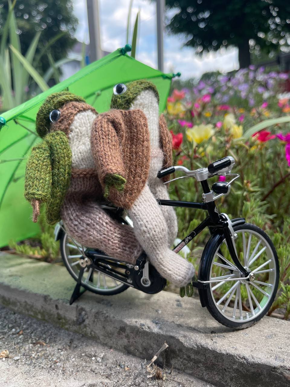 Knitted frog and toad, posing frog friends as book lovers toddler gift