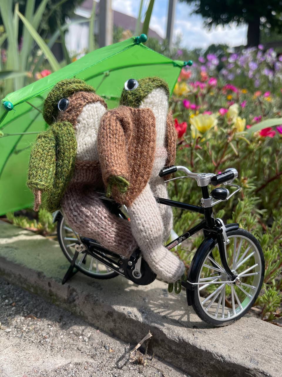 Knitted frog and toad, posing frog friends as book lovers toddler gift