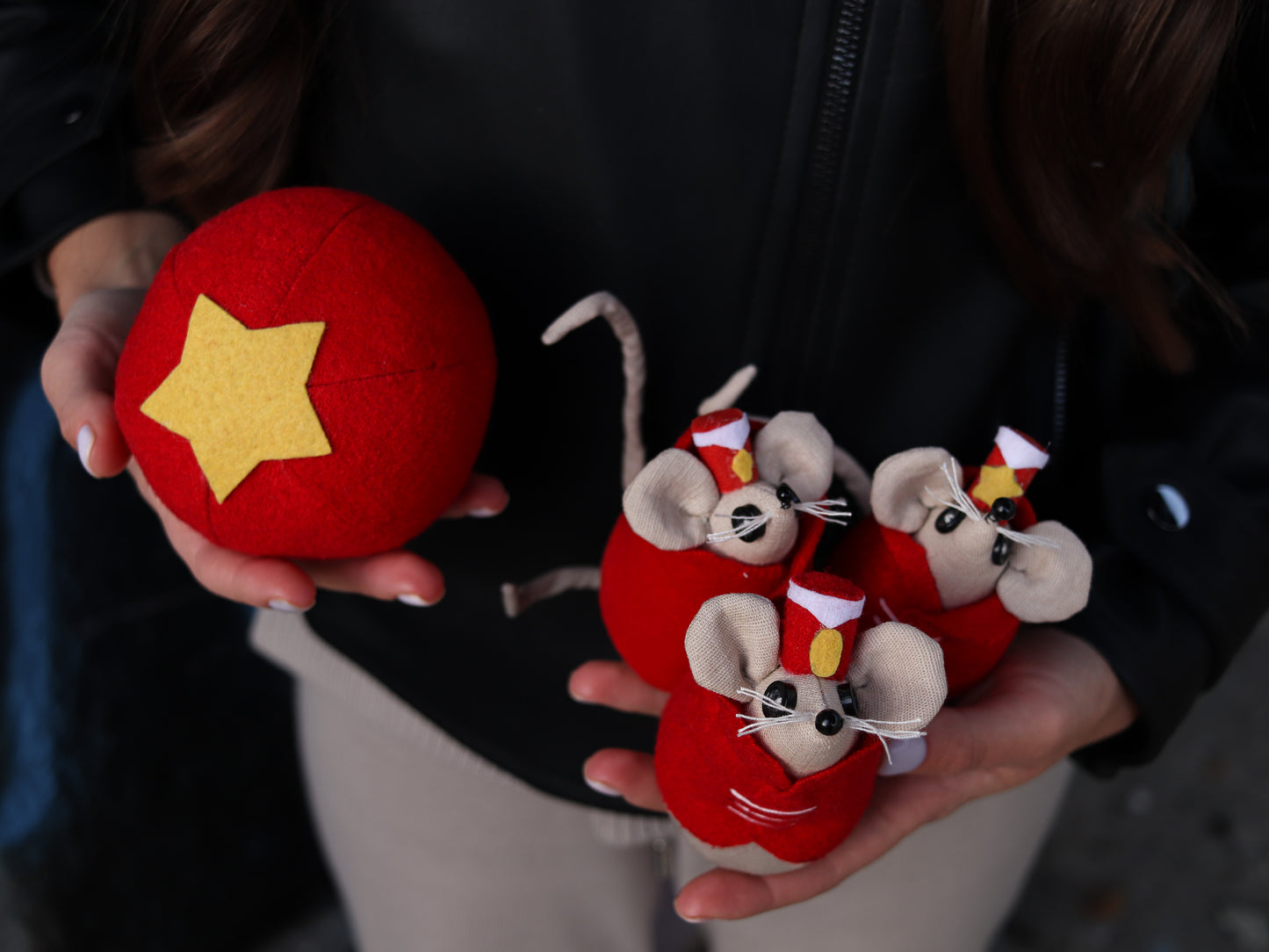 Person holding a red ball with a yellow star and three small plush mice toys.