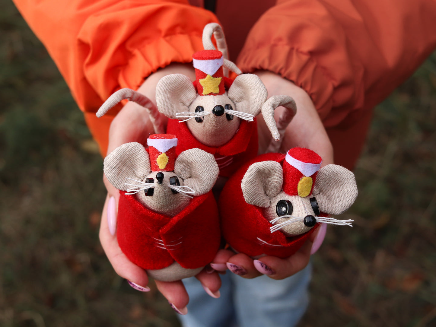 Miniature Coraline mice posed for display or play