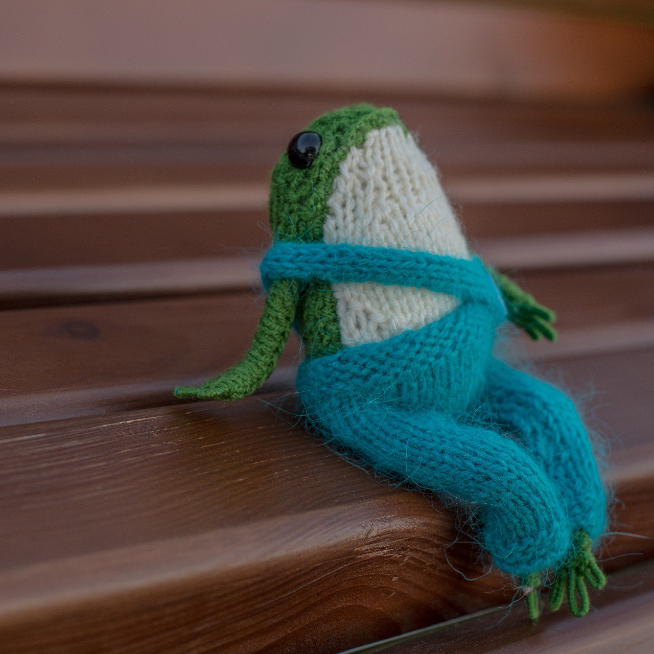Handmade frog soft toy surrounded by miniature accessories