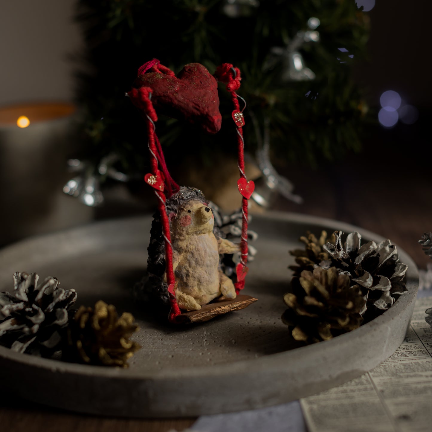 Vintage-inspired Christmas hedgehog ornament made from cotton