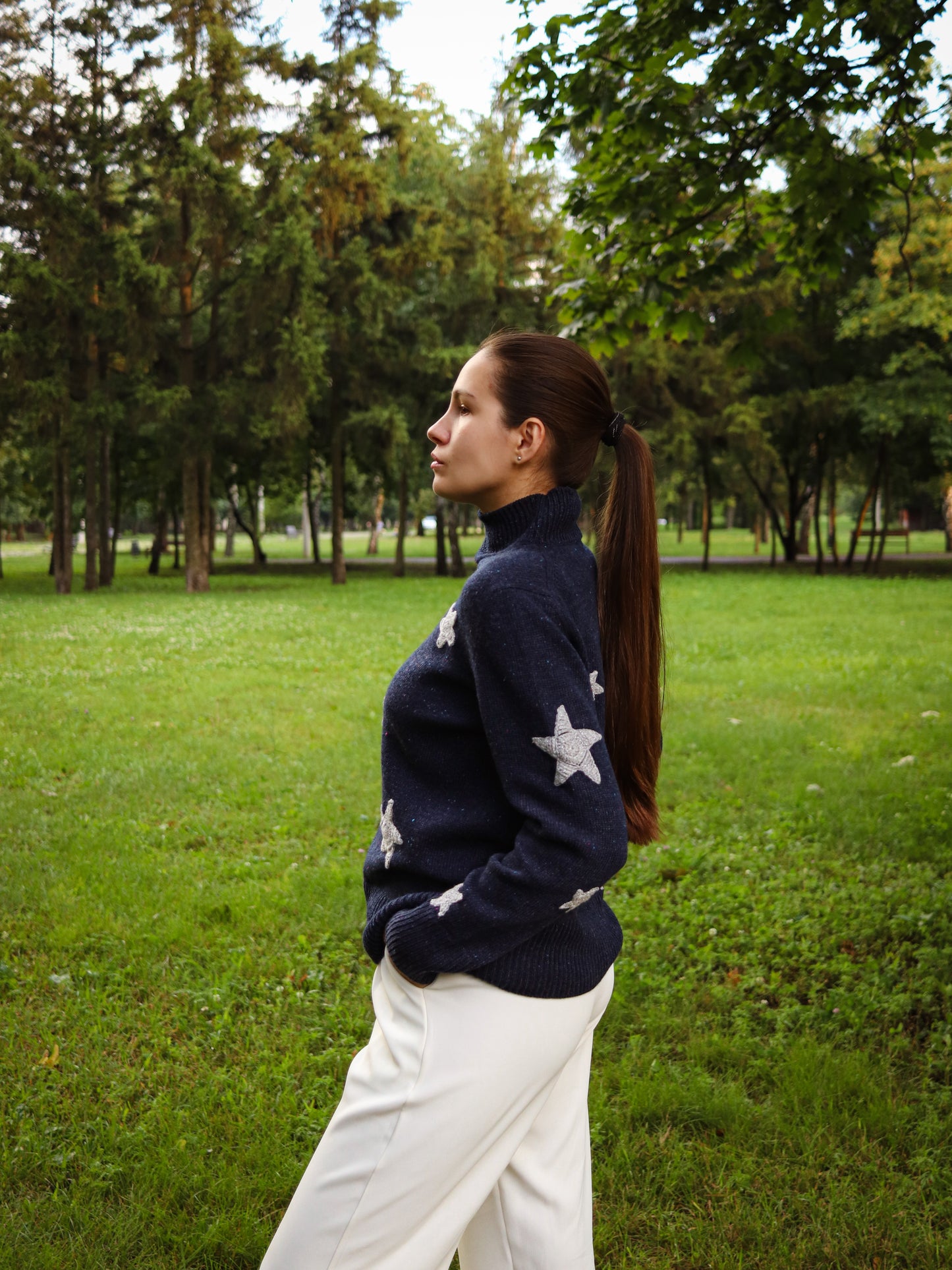 Coraline Blue Sweater with white Stars – Soft Merino Wool, Sizes S/M/L, Woman Oversized Fit