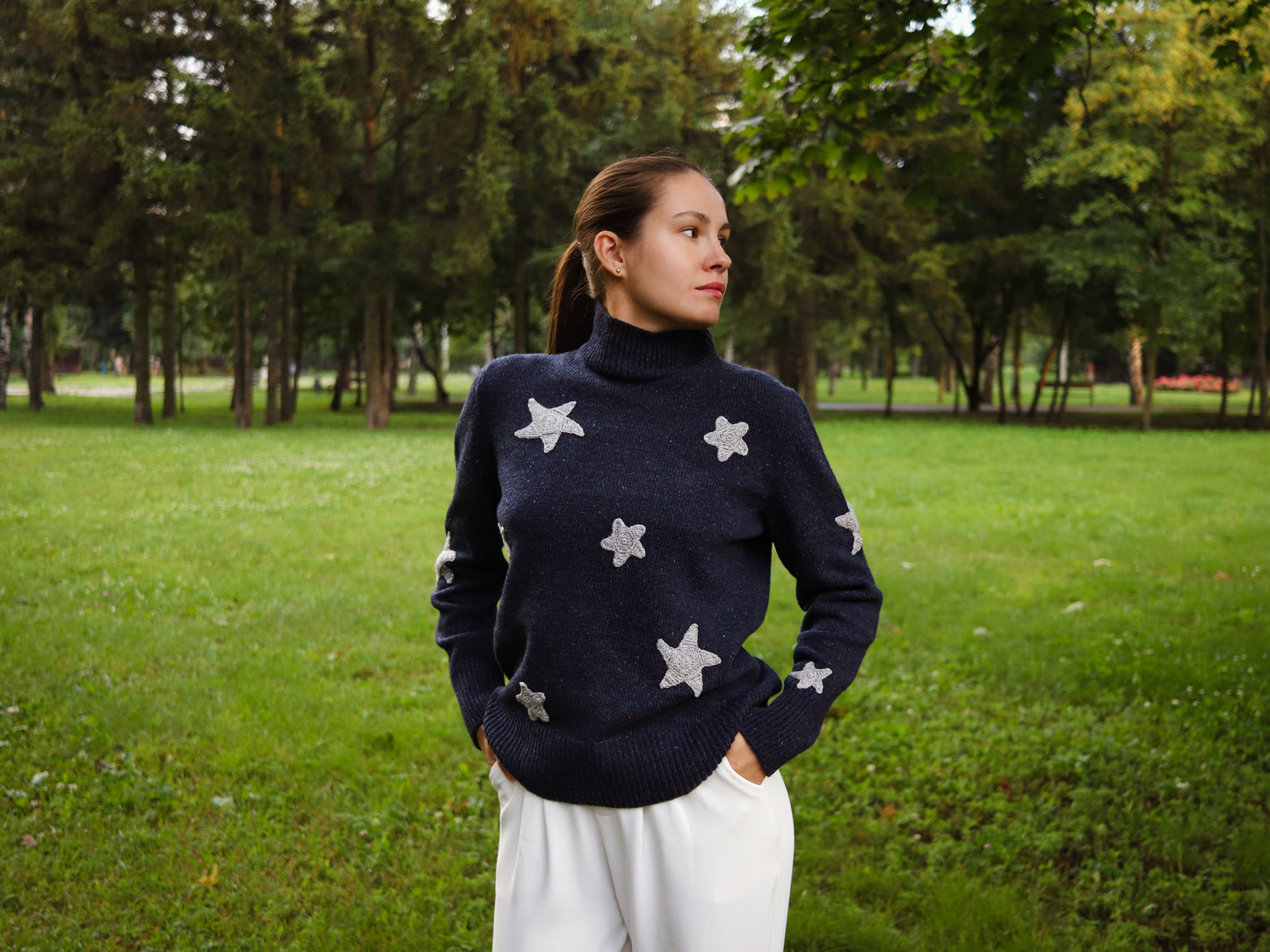 Coraline Blue Sweater with white Stars – Soft Merino Wool, Sizes S/M/L, Woman Oversized Fit