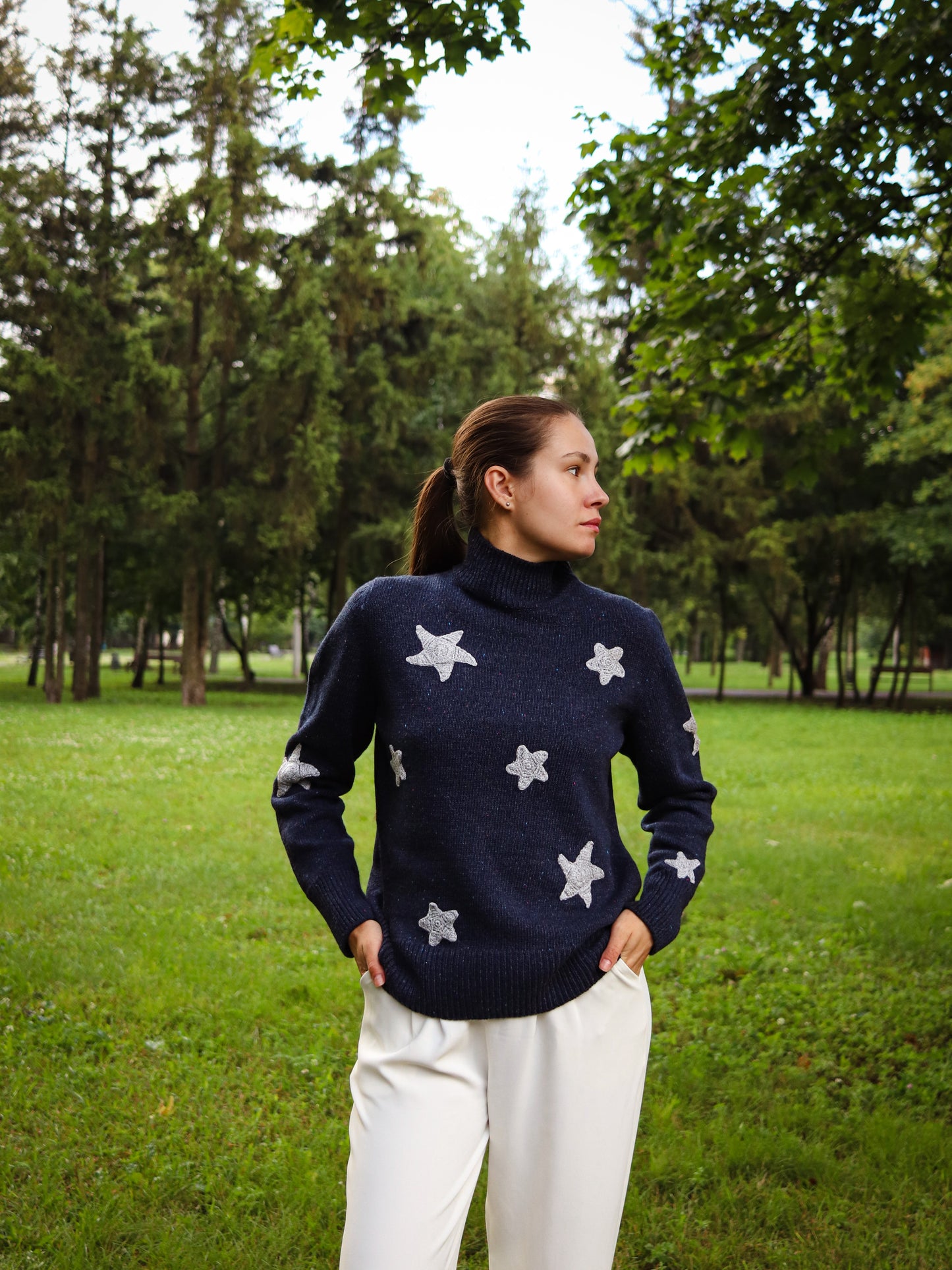 Coraline Blue Sweater with white Stars – Soft Merino Wool, Sizes S/M/L, Woman Oversized Fit