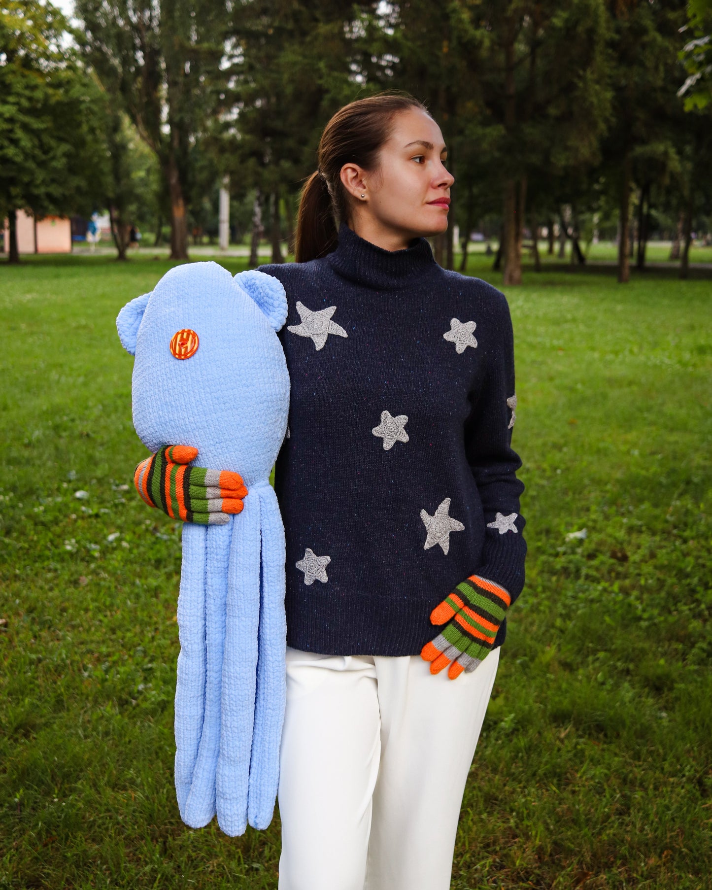 Coraline Blue Sweater with white Stars – Soft Merino Wool, Sizes S/M/L, Woman Oversized Fit