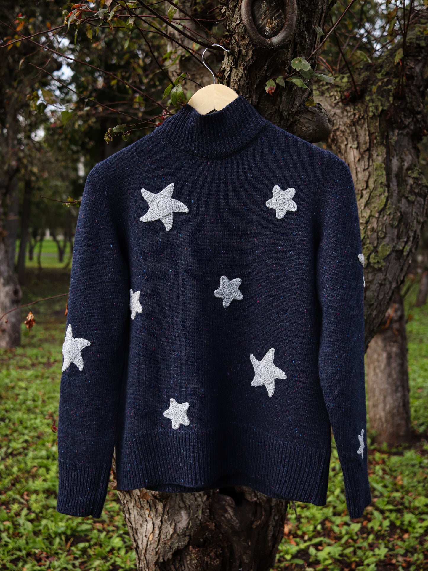 Coraline Blue Sweater with white Stars – Soft Merino Wool, Sizes S/M/L, Woman Oversized Fit