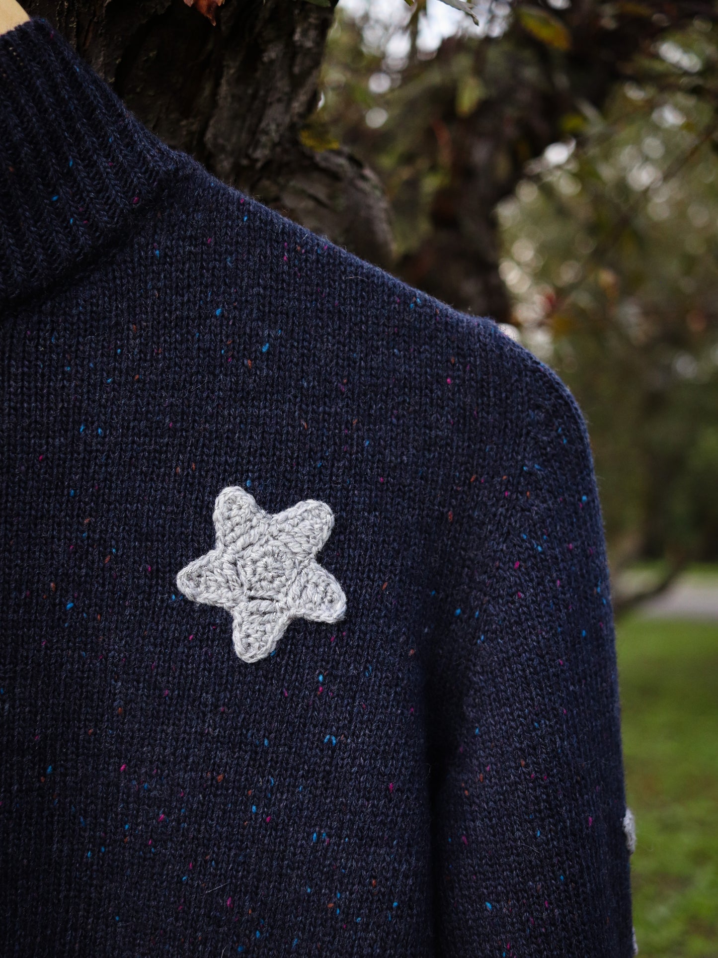 Coraline Blue Sweater with white Stars – Soft Merino Wool, Sizes S/M/L, Woman Oversized Fit