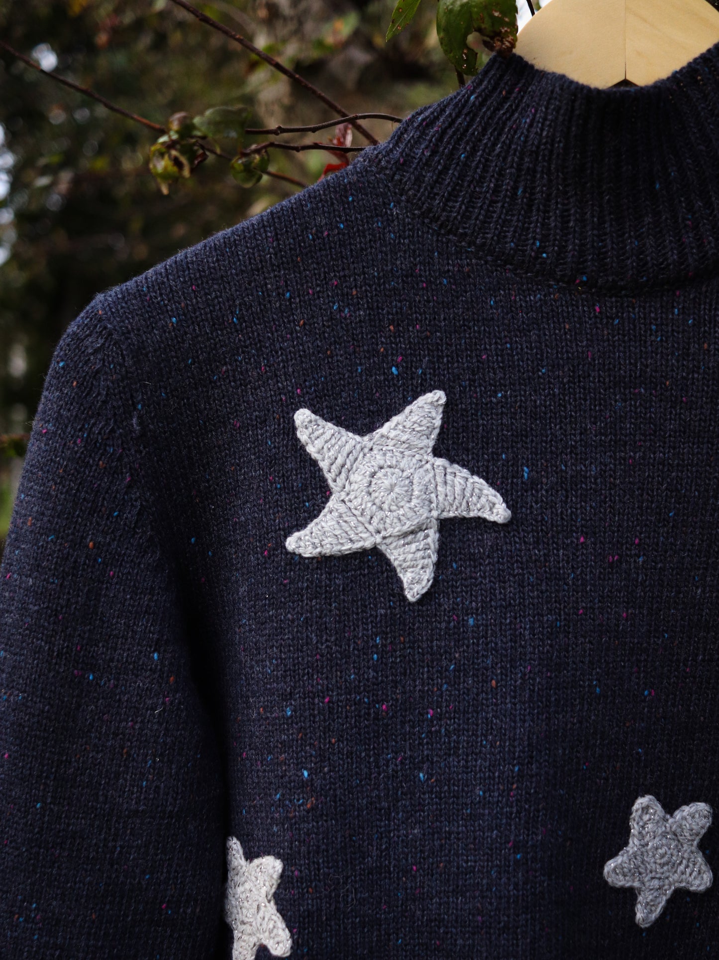 Coraline Blue Sweater with white Stars – Soft Merino Wool, Sizes S/M/L, Woman Oversized Fit