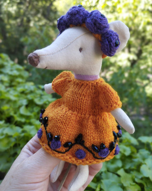 Maileg mouse clothes outfit knitted embroidered of flower Autumn Magic Orange Dress with Flower violet