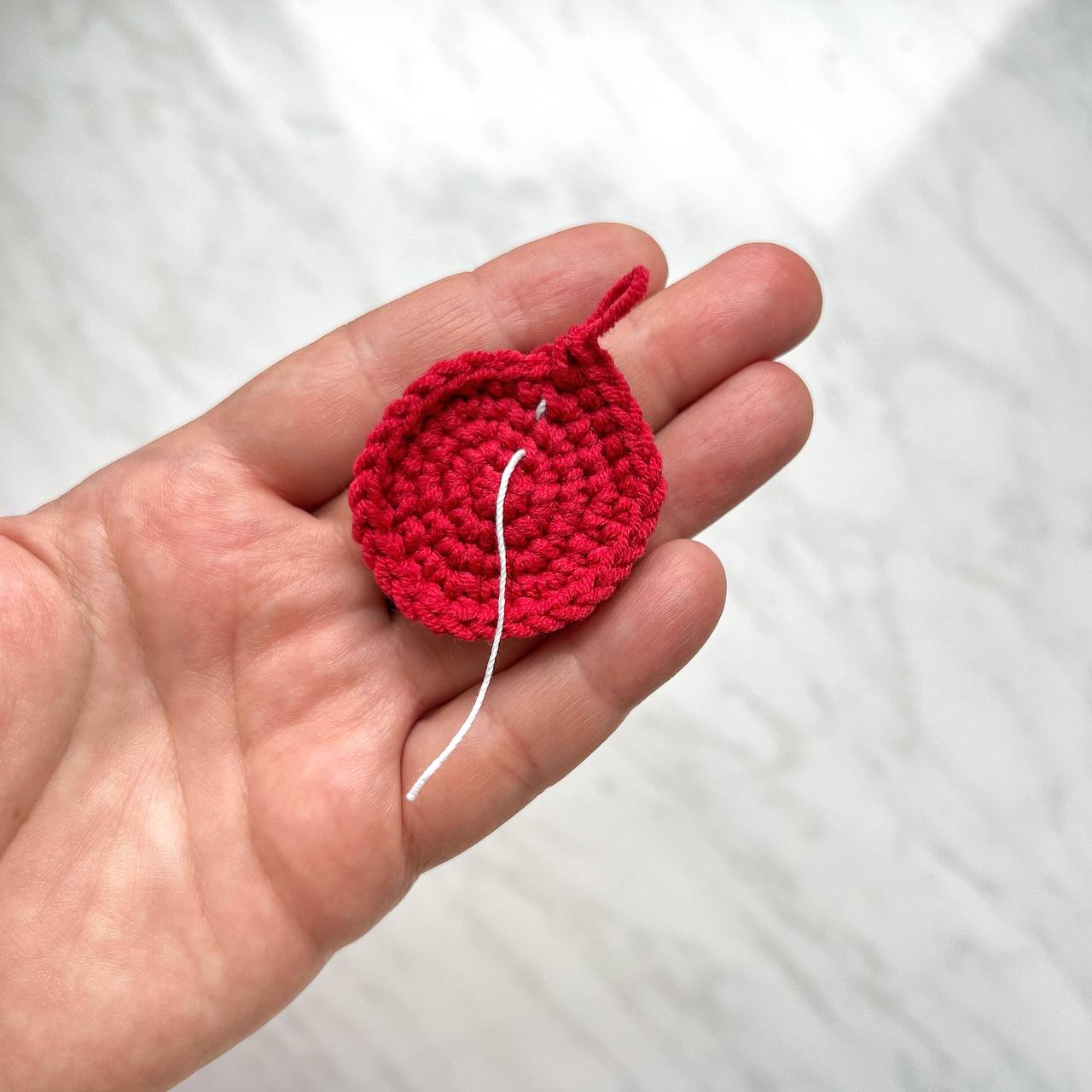 Hand holding a small red crocheted circle against a white background