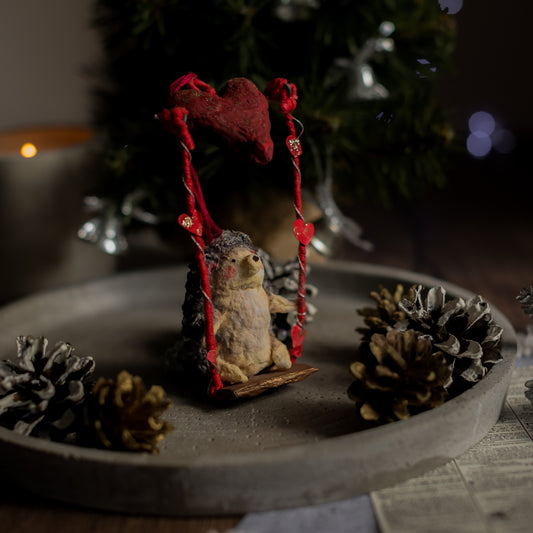Vintage-inspired Christmas hedgehog ornament made from cotton