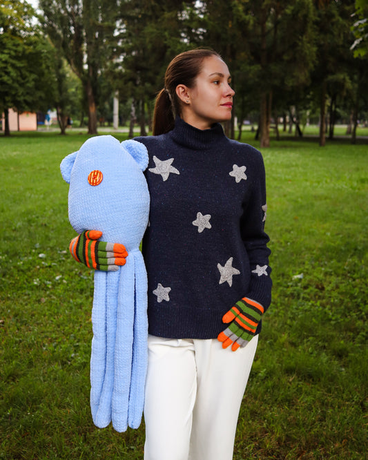 Coraline Blue Sweater with white Stars – Soft Merino Wool, Sizes S/M/L, Woman Oversized Fit
