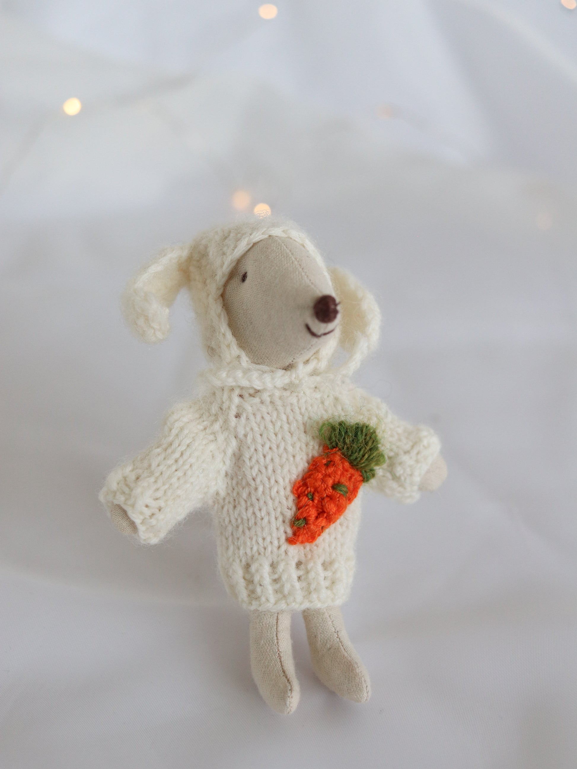 Knitted clothes for Maileg Mouse with a carrot on a white background